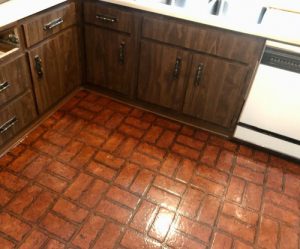 fake brick look lino in need of replacing in kitchen remodel